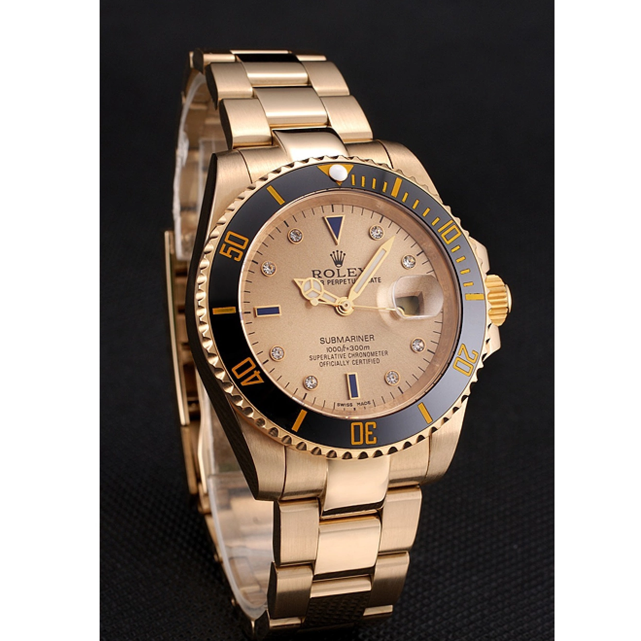 Rolex aaa copy Rolex Case Yellow Swiss Gold Bracelet And Submariner Diamond Markings With Black Dial Bezel Gold 0616